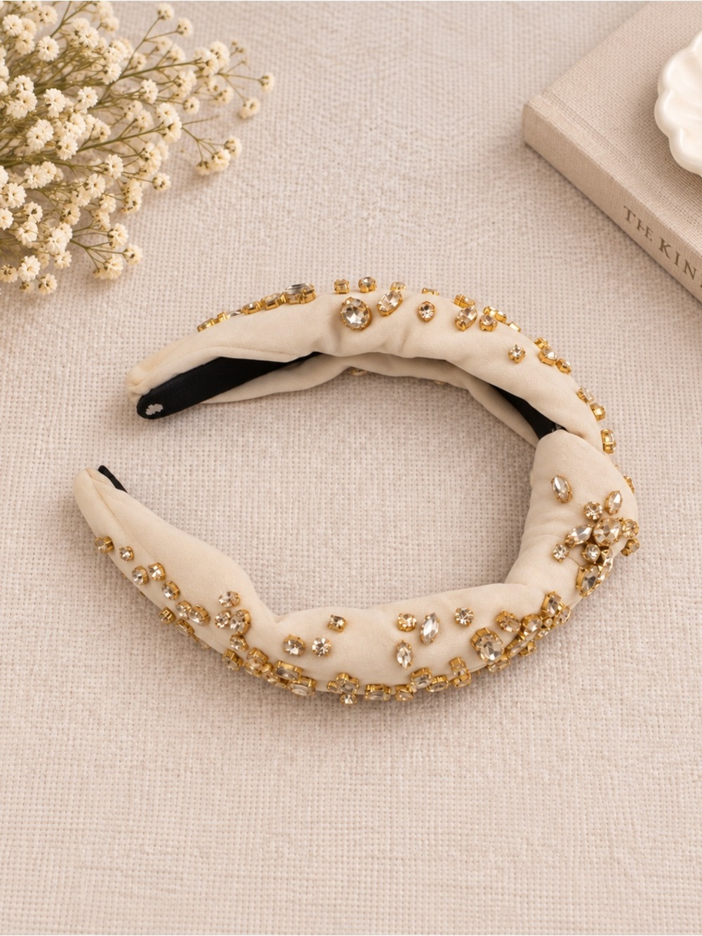 Lele Sadoughi Ivory Velvet Crystal Knotted Headband